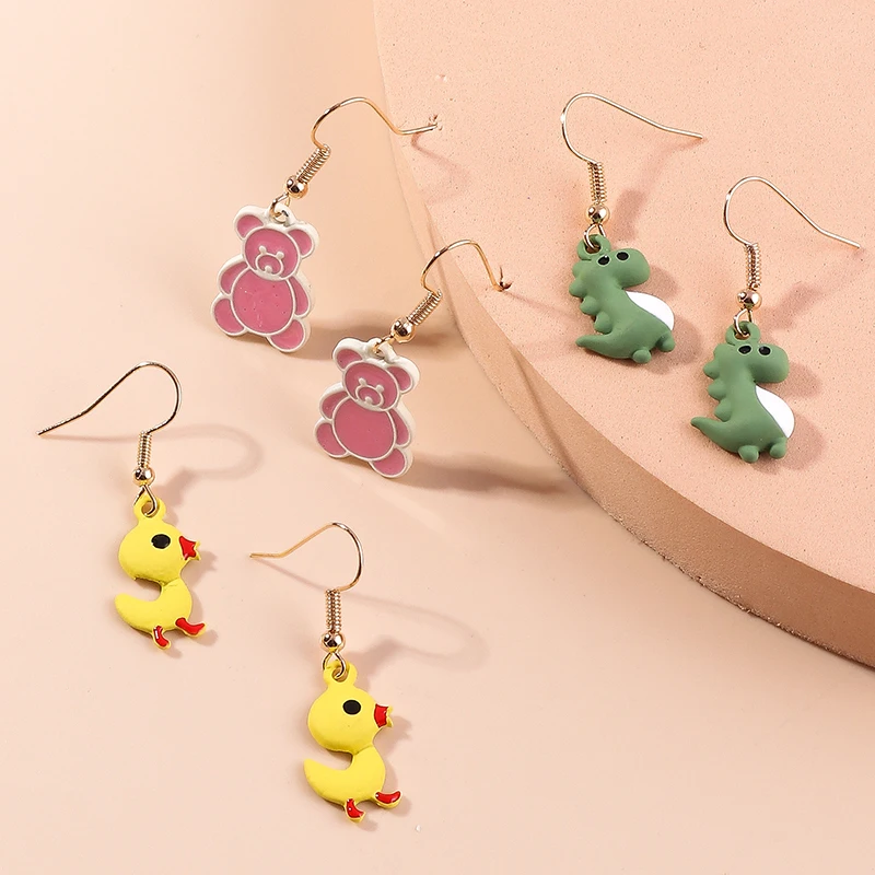 

3 Pair Cute Bear Dangle Earrings Set for Women Animal Duck Dinosaur Drop Kids Girl Stud Earrings Party Jewelry Birthday Present