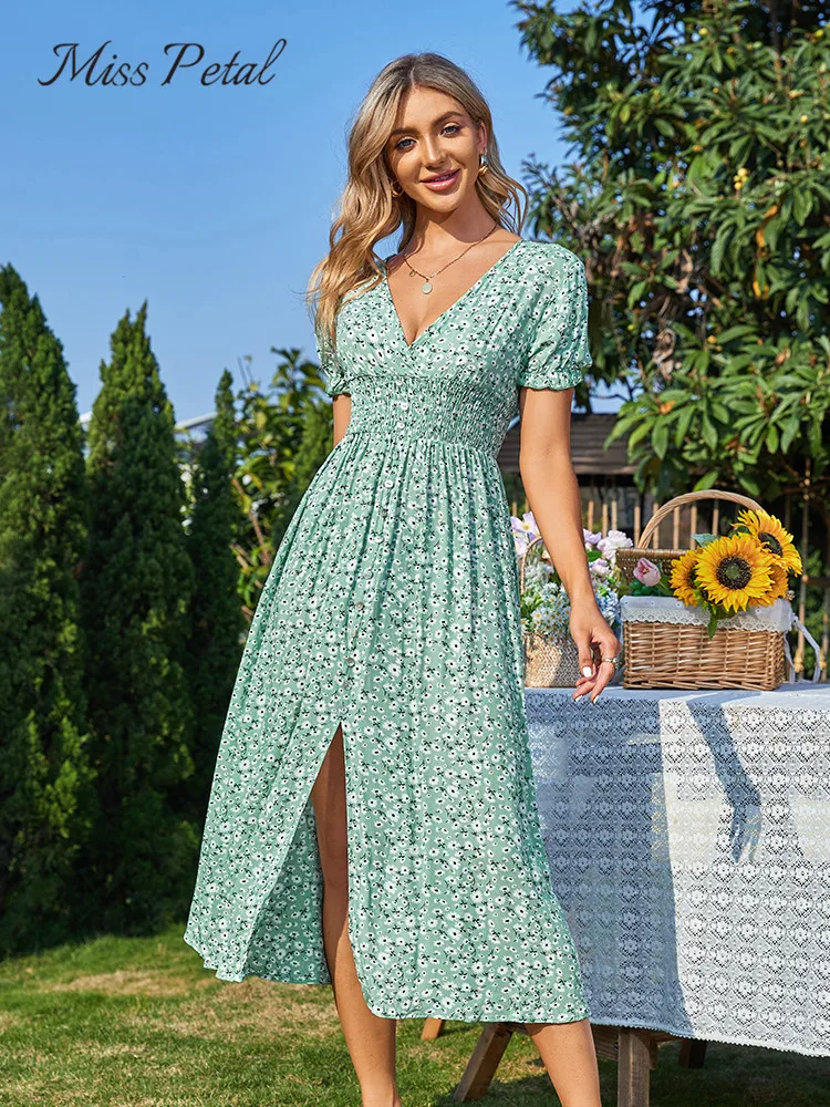 

MISS PETAL Green Ditsy Midi Dress For Woman Sexy V-neck Short Sleeve Holiday Beach Split Dress 2022 Summer Female Sundress