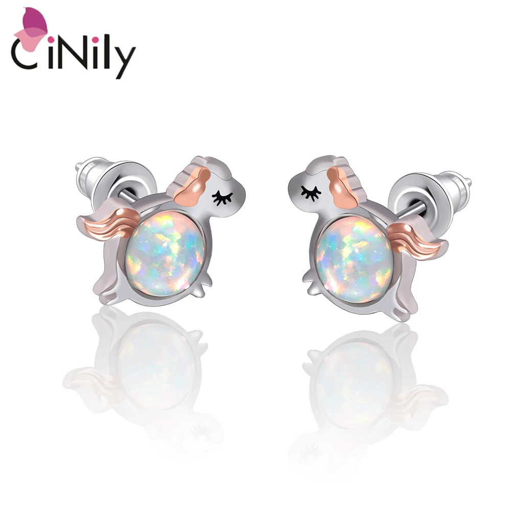 

CiNily Animal Shape White Fire Opal Silver Plated Stud Earrings for Party Gifts Women Girls Fine Jewelrys Cute Pony Earring 6MM