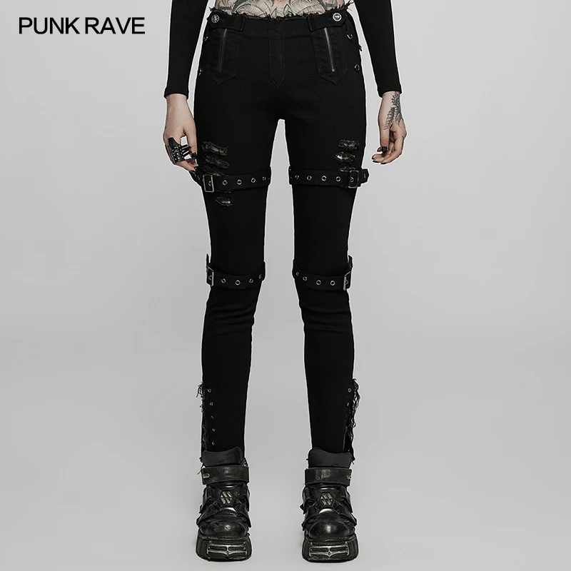 PUNK RAVE Women's Punk Style Handsome Low Waist Tight Fit Denim Pants Leg Loops Decoration Skinny Female Black Trousers