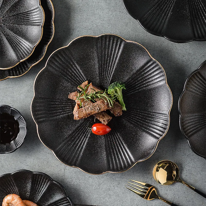 

Black frosted western food plate ceramic Phnom Penh plate European steak plate home hotel dinner plate creative dish plate plate