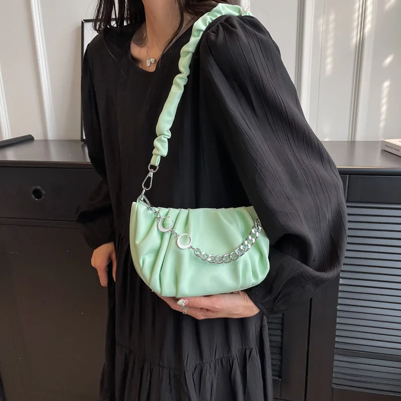

Portable Single Shoulder Messenger Bags Simple Pleated hobos Bag Textured Chain Handbag Soft Leather Commute Satchel Crossbody