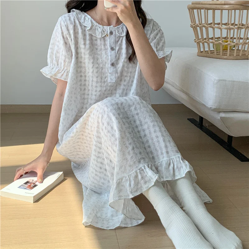 

Ночная рубашка с оборками и коротким рукавом и круглым вырезом, одежда для сна, женское свободное платье с ночным принтом, корейское милое хлопковое Летнее Длинное Повседневное платье