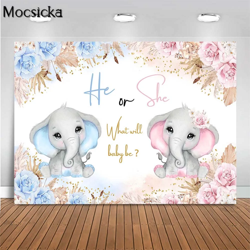 

Mocsicka Blue Pink Baby Elephant Gender Reveal Backdrop He or She Newborn Baby Shower Photo Background Flowers Party Decor Props