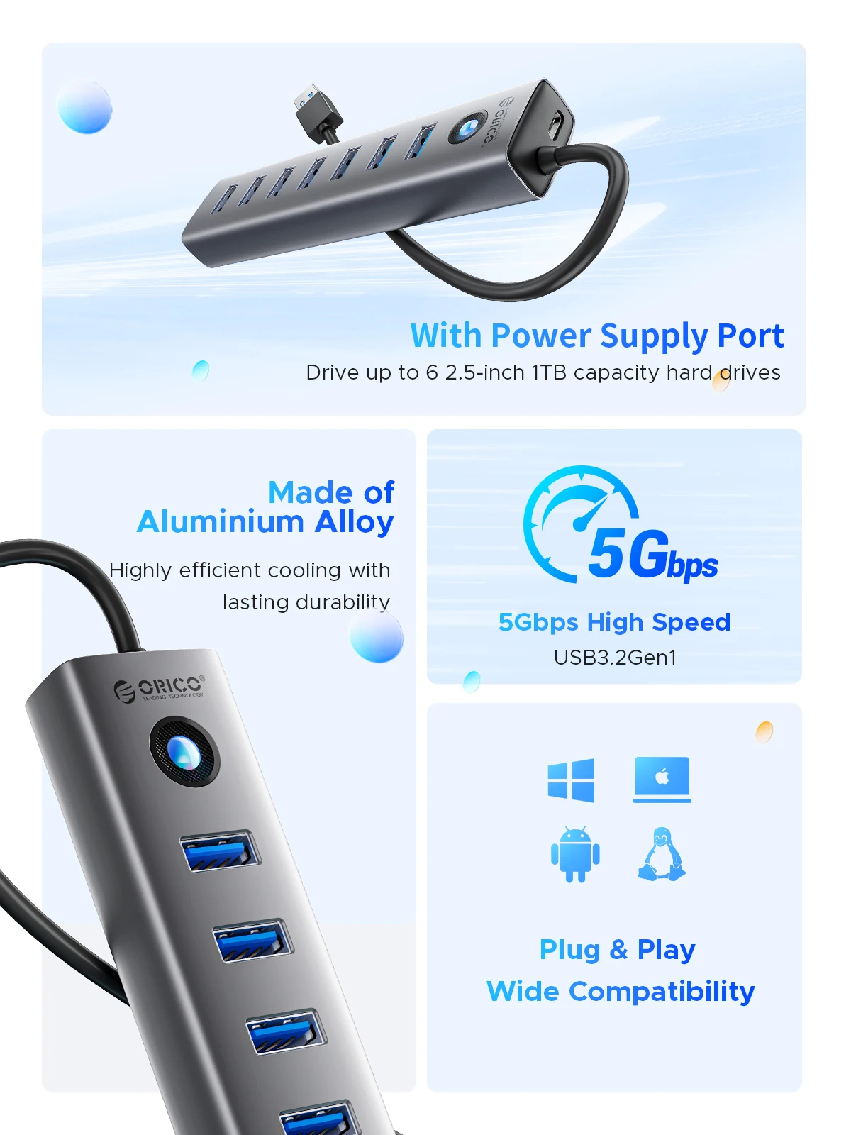 Фото USB-концентратор ORICO с 7 портами USB 3.0, 5 Гбит/с, алюминиевый, с портом питания Type-C, многопортовый USB-адаптер для ноутбуков и ПК №5