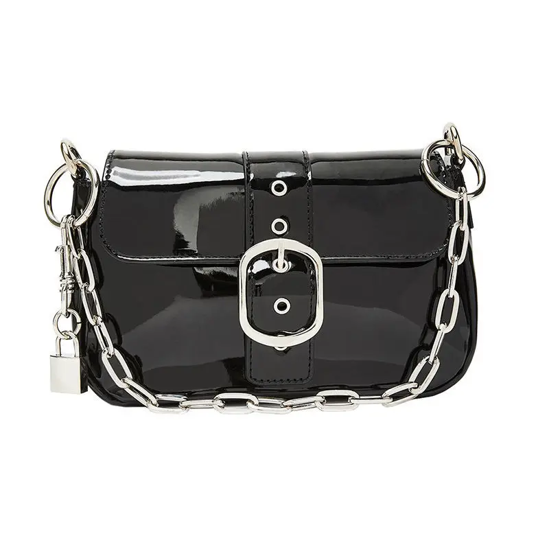 

Fashion Harajuku Gothic Women Shoulder Bag 2021 Cool Patent Leather Solid Qaure Bag Female Black Handbags Ladies Purse Wallet