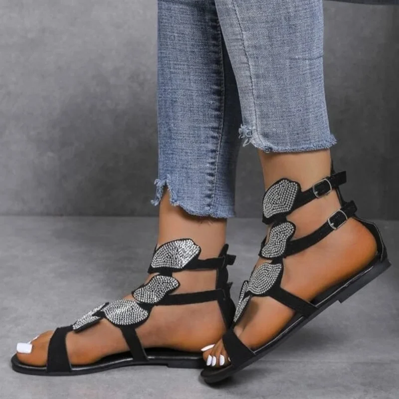 Women Rhinestone Butterfly Decor Sandals Fashion PU Faux Suede Gladiator Zip Back Flat Slides Summer Outdoor Lovely Female Shoes