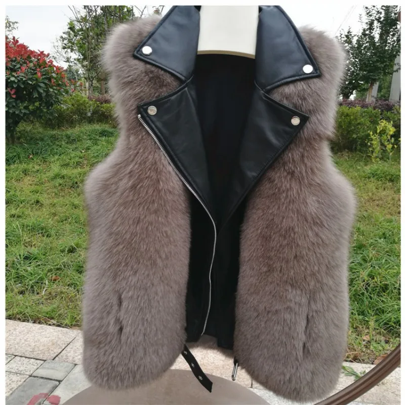 genuine leather vest sheepskin jacket whole skin real fox fur gilet women sleeveless black coats dames jassen winter