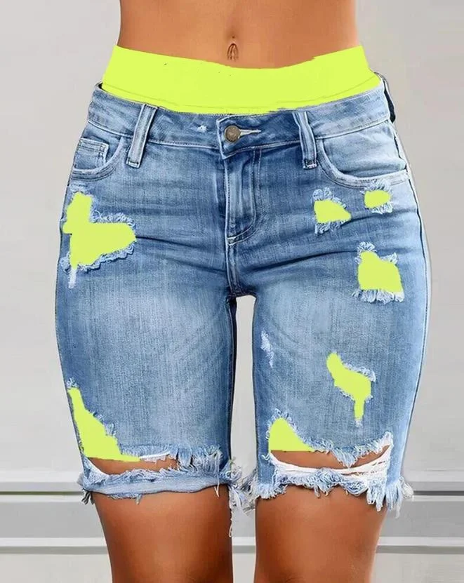 

2023 Summer New Fashion Women's Colorblock Letter Print Ripped 2-In-1 Denim Skinny Shorts Female Casual Bottom