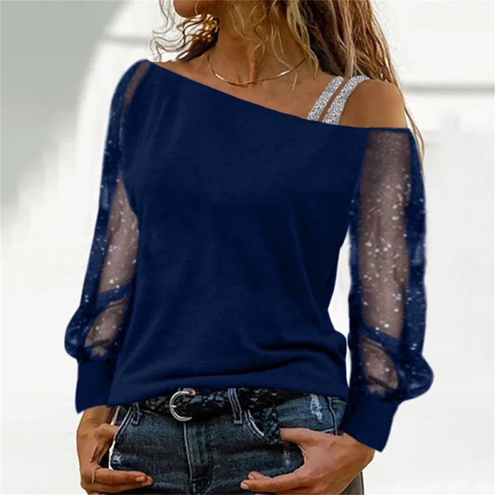 

2022 Women Sexy Lace Patchwork Hollow Out T-Shirt Long Sleeve Slash Neck Off Shoulder Tops Spring Fashion White Vintage T Shirts