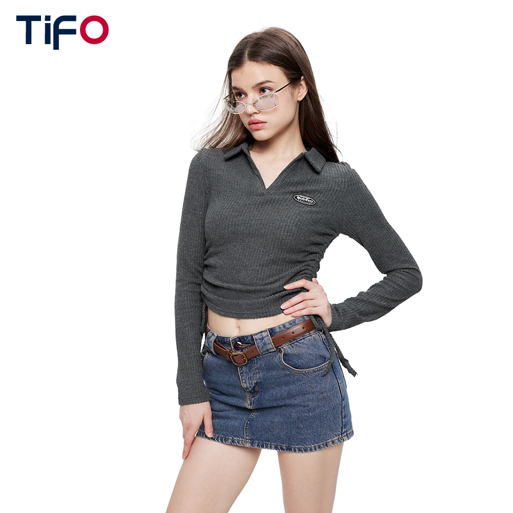 

Однотонная футболка-поло с воротником и длинным рукавом, женские осенние облегающие привлекательные плиссированные Короткие топы с Кулиской