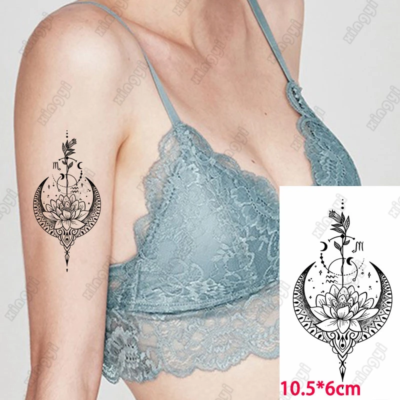 

Водостойкая временная тату-наклейка, луна, солнце, лотос, пион, перо, для девочек, на руку, на запястье, переводная искусственная татуировка, ...
