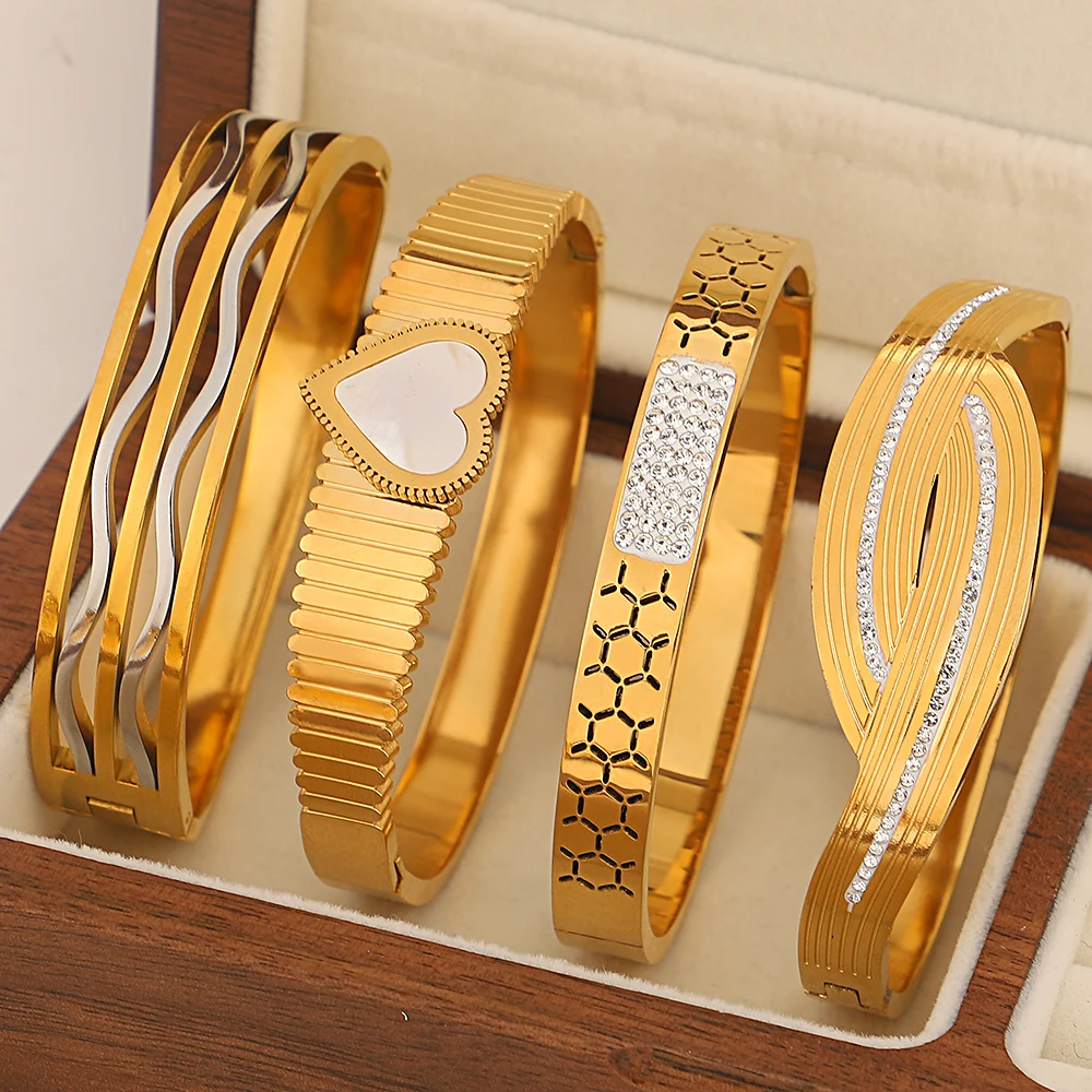 

New Trendy Stainless Steel Cuff Bracelet Bangle For Women Luxury Brand Design Rhinestone Shell Heart Geometric Charm Bangle Gift
