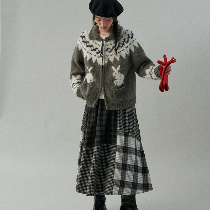 Fairisland серый жаккардовый свитер с кроликом и лацканами верхняя одежда женский