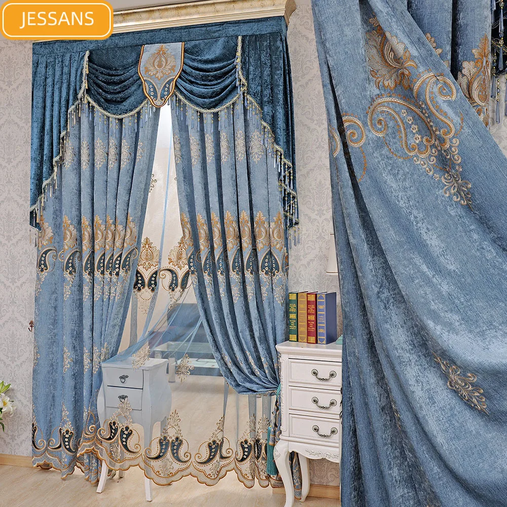 

Classic blue royal aristocratic Curtains Living Room European luxurious custom Voile Curtain for bedroom Modern Blackout Curtain