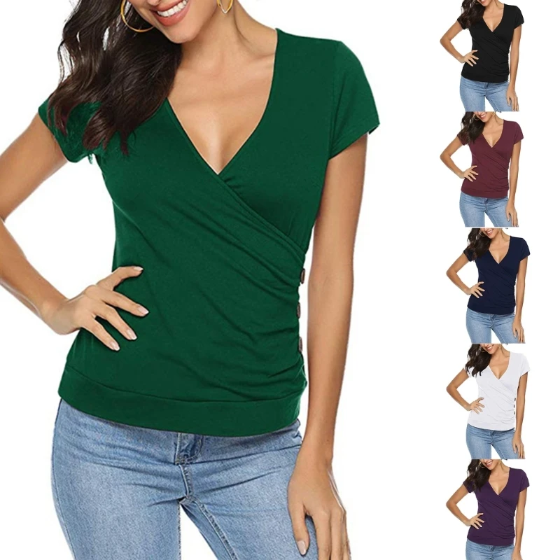 

Women Summer Tops V-neck Short Sleeve Tee-shirt Fashion Trend Slim-fit Pleated Front Side Buttons T-shirt for Lady Girl 10CE
