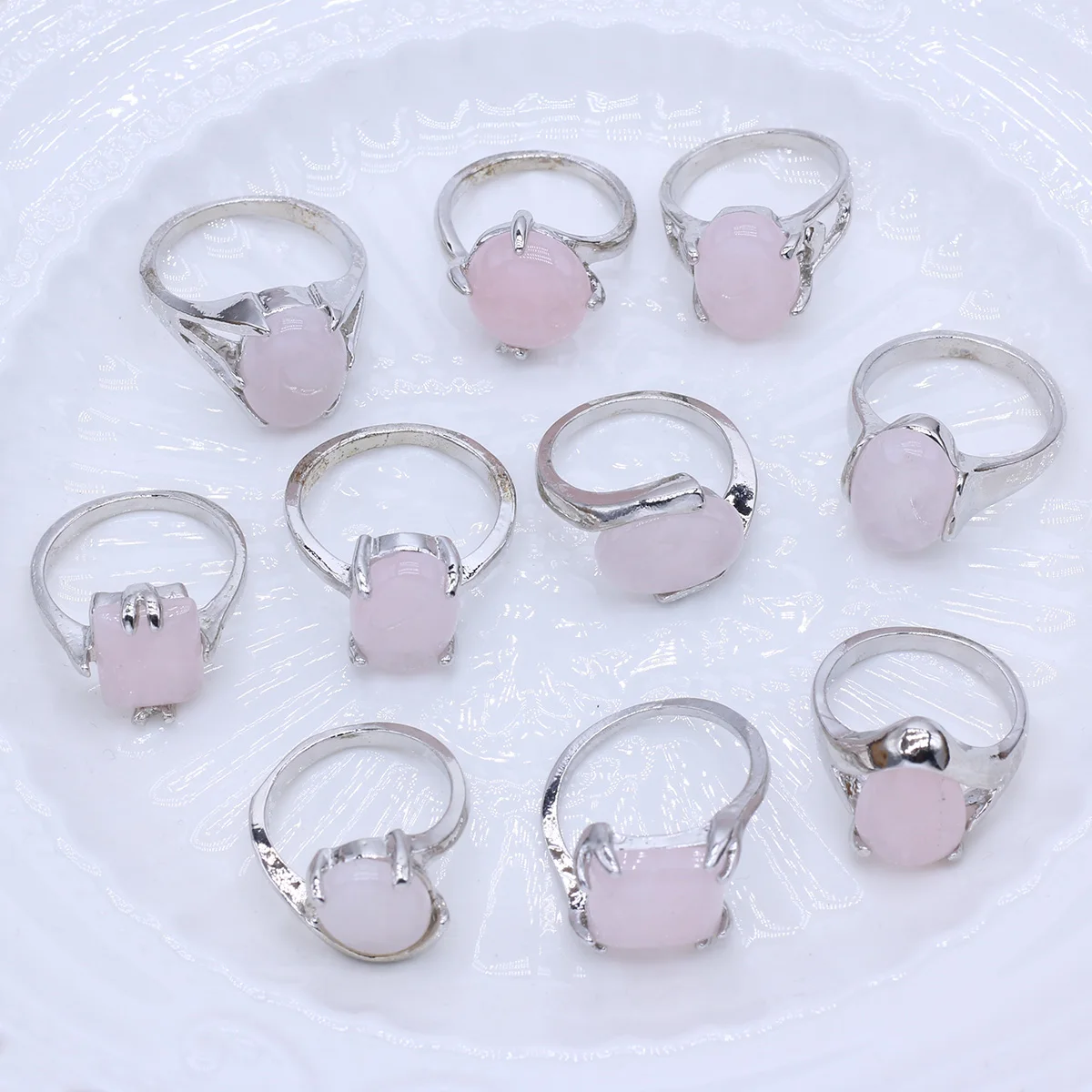 

10Pcs Mix Ring Style Rose Quartz Reiki Rings Fashionable Metal Ring Charm Wedding Banquet Party Ring For Woman Girls Gift