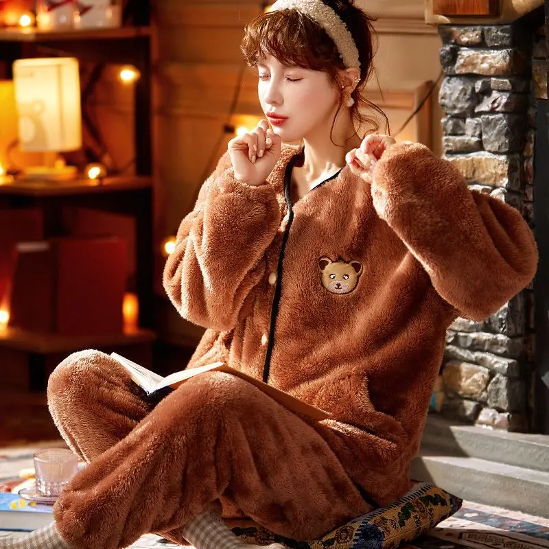 Flannel Pajamas Women's Winter Loose Long Sleeved Warm Cardigan Pijamas Homewear Two-piece Korean Fashion New Cartoon Sleepwear