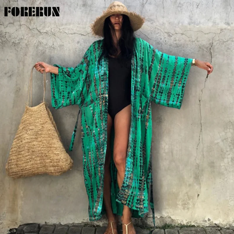 FORERUN Kimono Cardigan Women Summer Printed Loose Elegant Belted Bohemian Long Dress Beach Wear Swimsuit Cover Ups