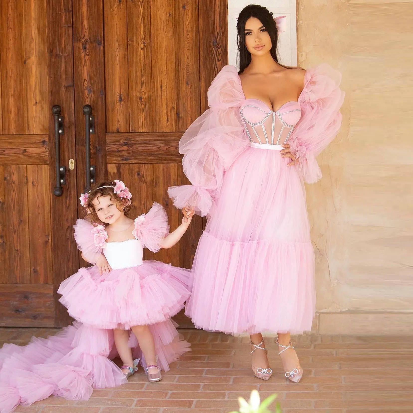 

Красивое Розовое Тюлевое платье-пачка для мамы и дочки, женское платье до щиколотки с пышными рукавами, детское платье с 3D цветком