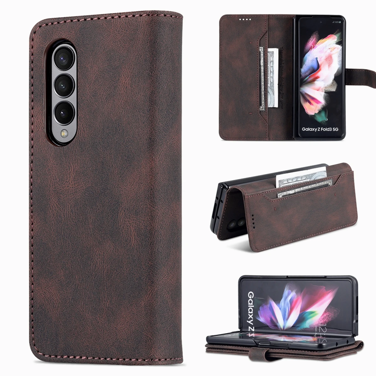 AZNS Leather Case Quality Fitted for Samsung Galaxy Z Fold 3 5G/ Fold3 5G Phone Bags Card Slots Wallet protective Holster