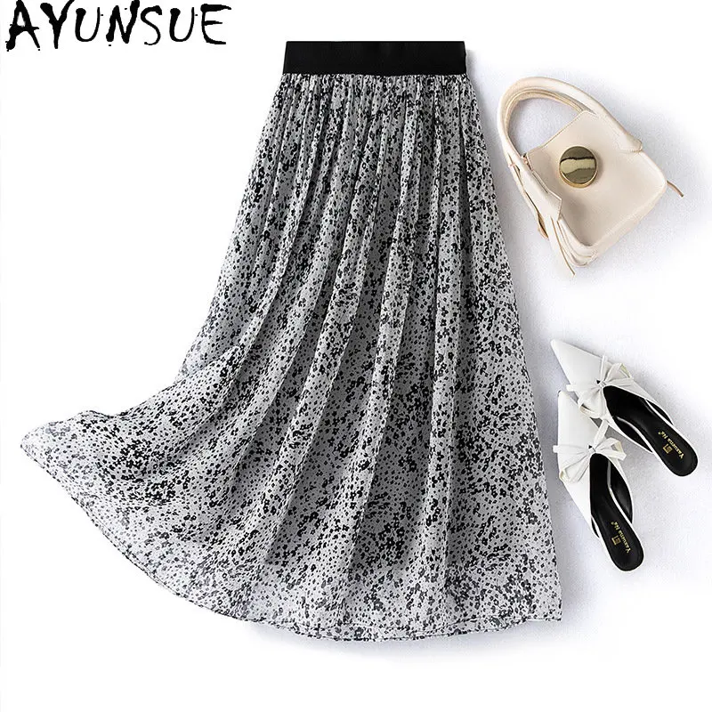 

Женская длинная юбка из натурального шелка тутового шелкопряда, приталенная элегантная юбка с принтом и поясом на резинке, лето 100%