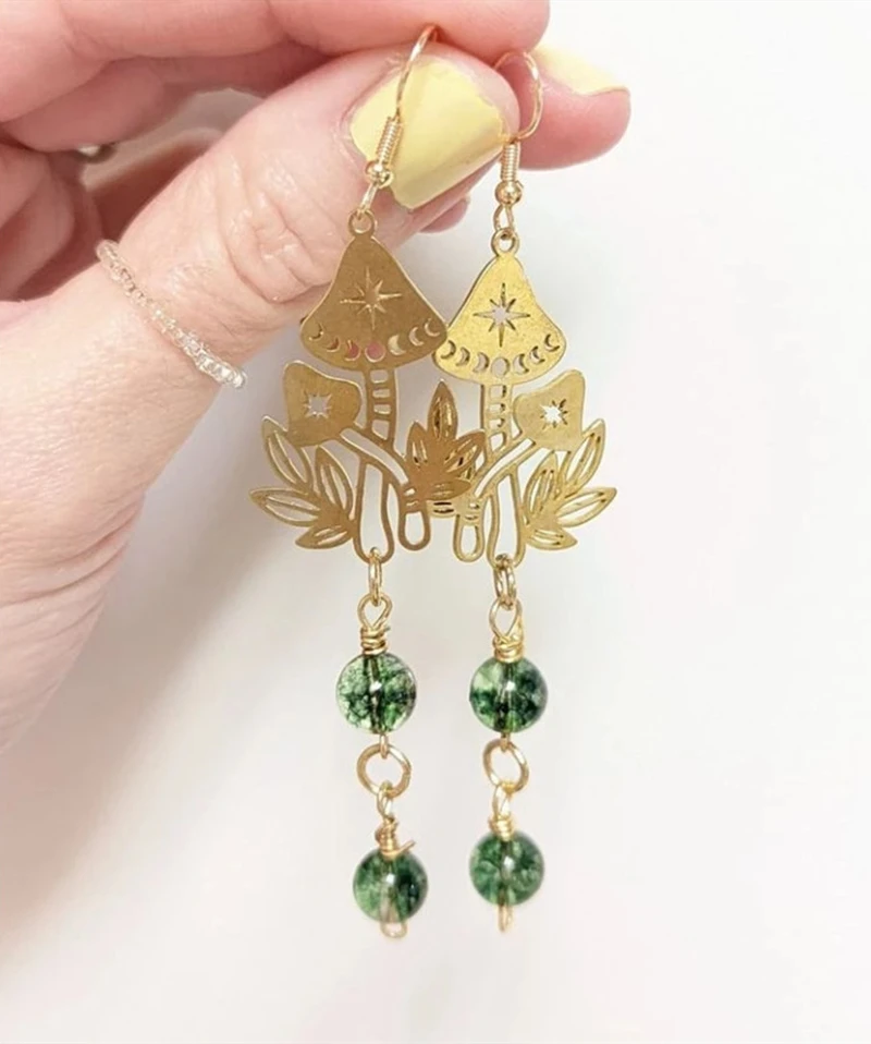 

Handmade Mushroom Magic Drop Earrings, Green Phantom Quartz Crystal Earrings, Boho Jewelry, Women's Charm Jewelry Gifts