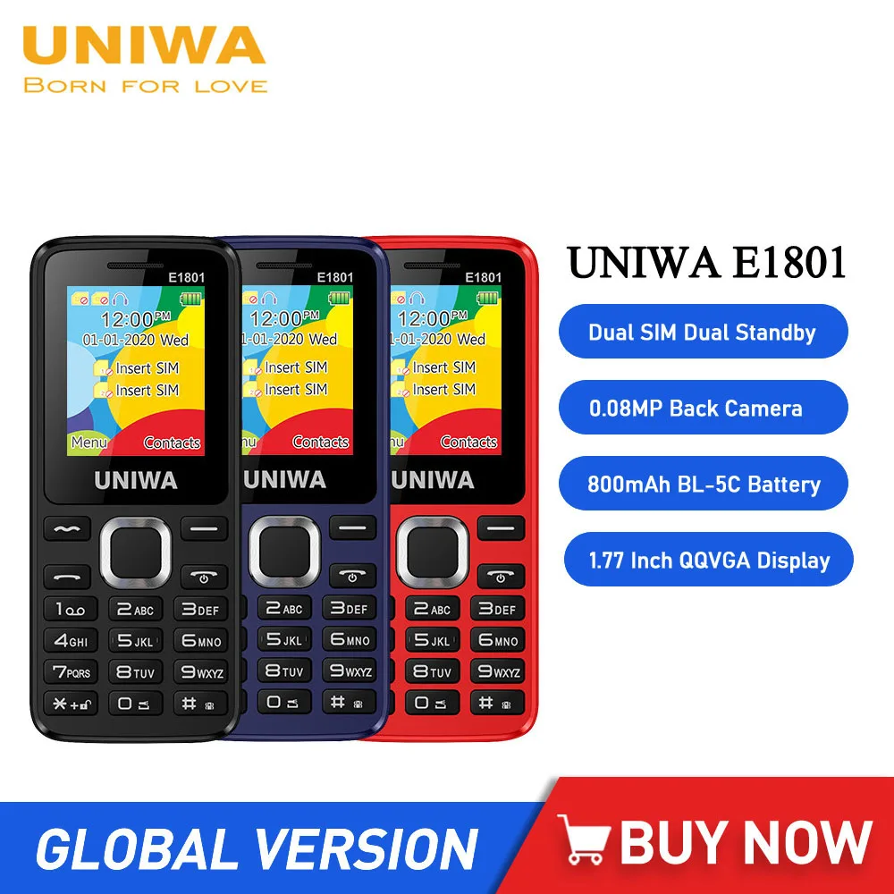 

UNIWA E1801 GSM Cellphones 1.77 Inch 800mAh Feature Phone Dual SIM Dual Standby Mobile Phone Wireless FM Radio for Elder Man