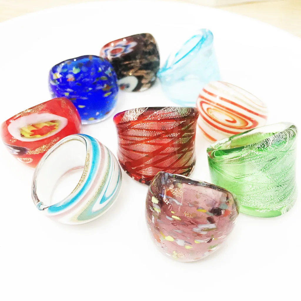 

9PCS Wholesale Randomly Mix Color Lampwork Glass Murano Rings For Women Free Shipping Gold Foil Color 17-19mm Band Random Model