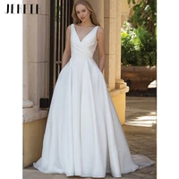 simple satin wedding dresses 2022 v neck sleeveless backless pleat sweep train vestido de novia a line bridal gowns for women