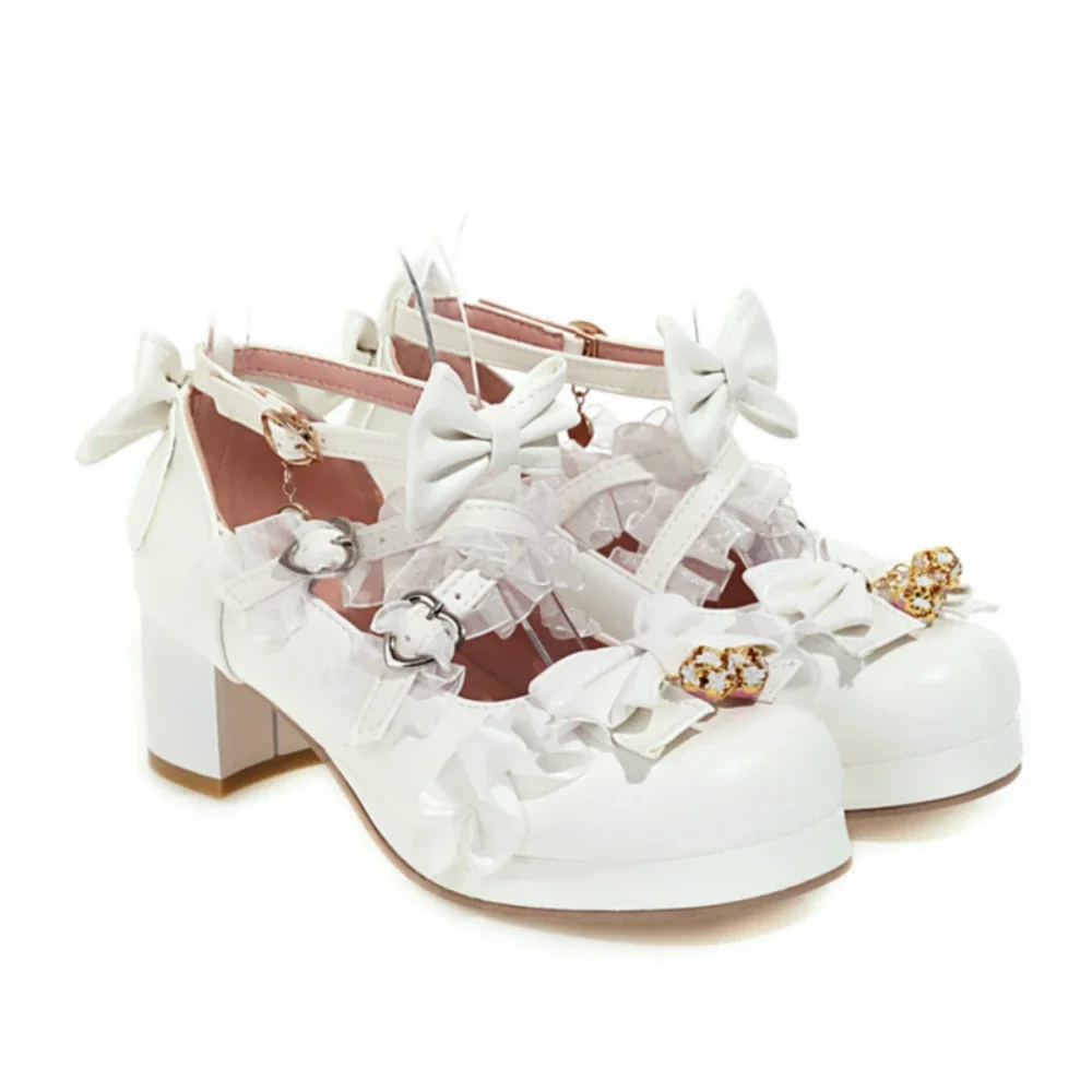 

Lolita Shoes Women High Heels Pendant Lace Straps Bow Cute Girls Princess Tea Party Pumps Students Lovely Plus Size 34-48