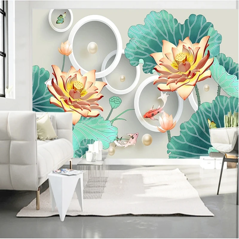 

Custom Mural Wallpaper Modern Embossed Lotus Goldfish Home And Wanshixing 3D TV Background Wall Rome Décor Papel De Parede Art