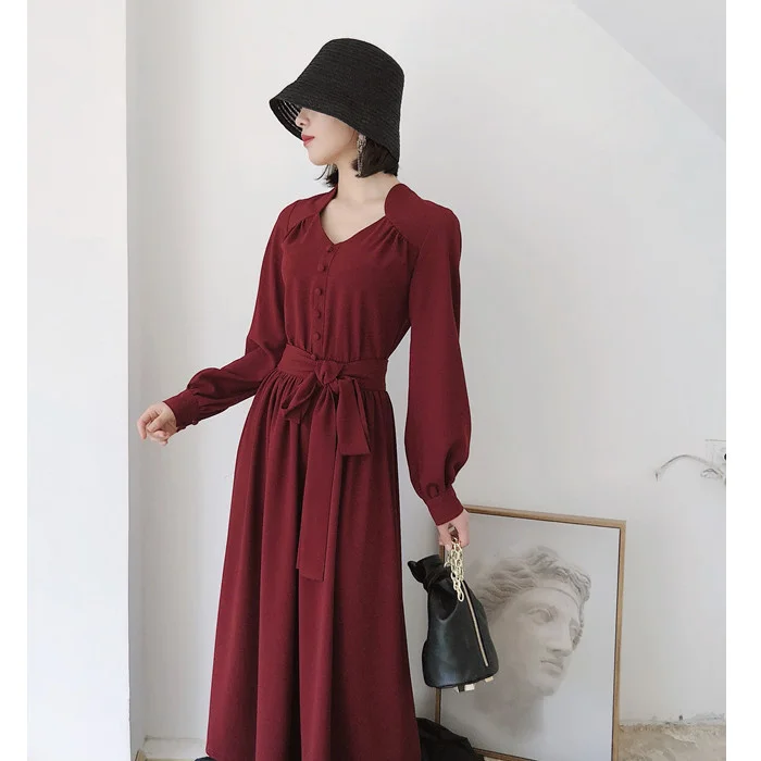 

Зеленое осенне-зимнее платье с красной тыквой, элегантное французское платье с рукавами-фонариками