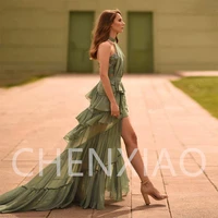 sexy green tiered long evening tulle dresses formal party dresses for women robe de mari%c3%a9e bridesmaid prom dress backless high