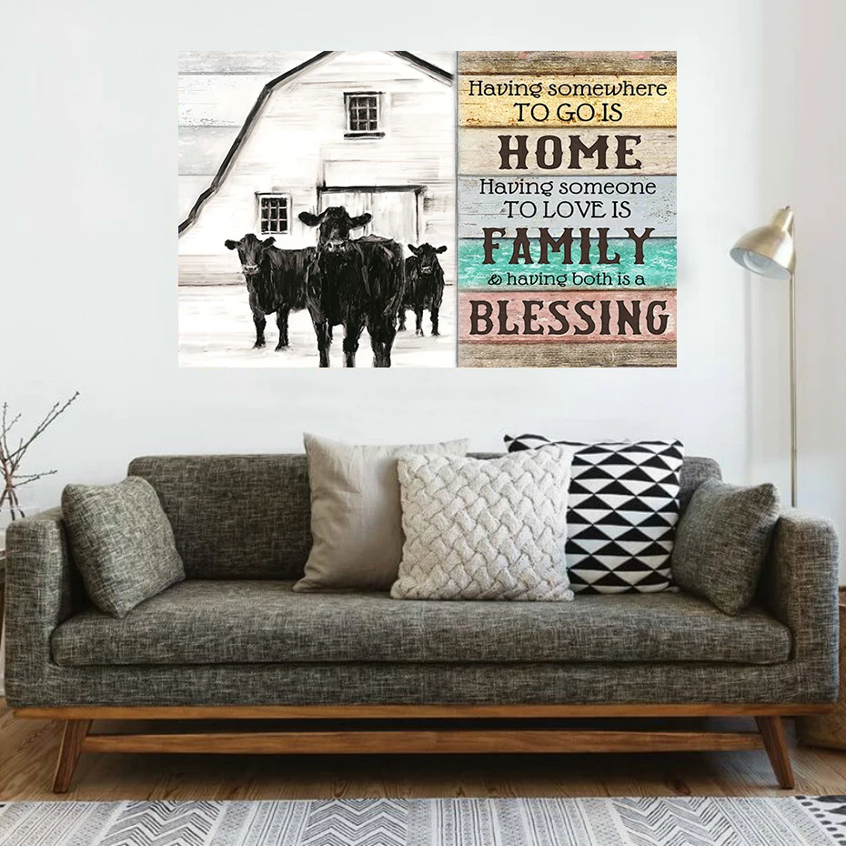 

Modern Animal Poster Wall Art Black Cow And Blessing Canvas Painting HD Print Picture Nordic Bedroom Home Decor Best Wish You