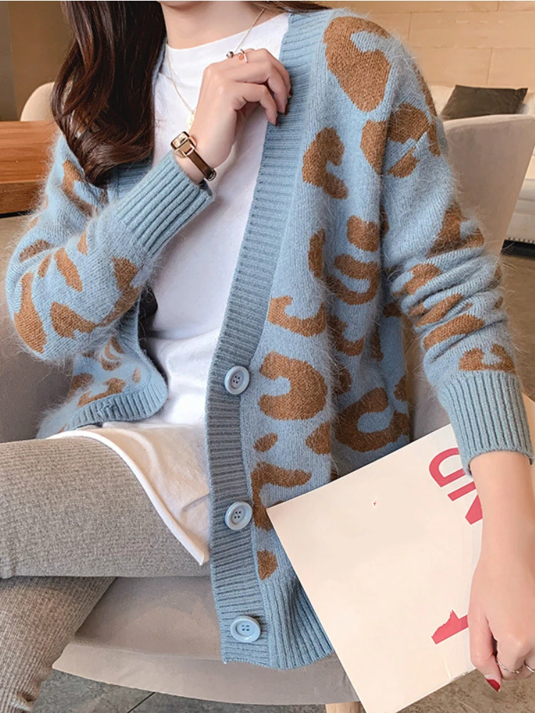 

Женский кардиган Леопардовый вязаный свитер с V-образным вырезом кардиган Свободная верхняя одежда на пуговицах с длинным рукавом повседне...