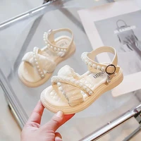 2022 new girls sandals princess shoes baby fashion beaded little student party dance shoe kids low heeled leather shoes black wh