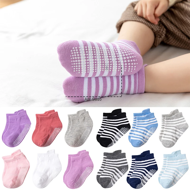 

6Pairs/lot 0 to 6 Year Cotton Children's Anti-slip Boat Socks For Boys Girl Low Cut Floor Kid Sock With Rubber Grips Four Season