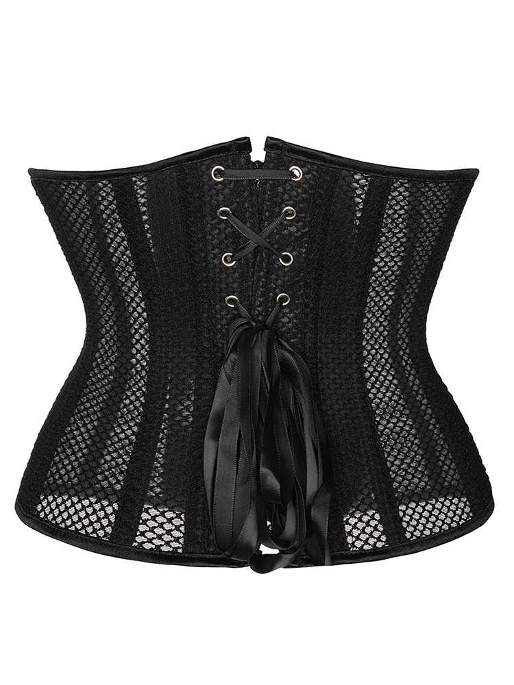 Gothic Mesh Breathable Corset Women Sexy Bustier Waist Cincher Slimming Body Shaper Plus Size Underbust Corselet Black Clubwear