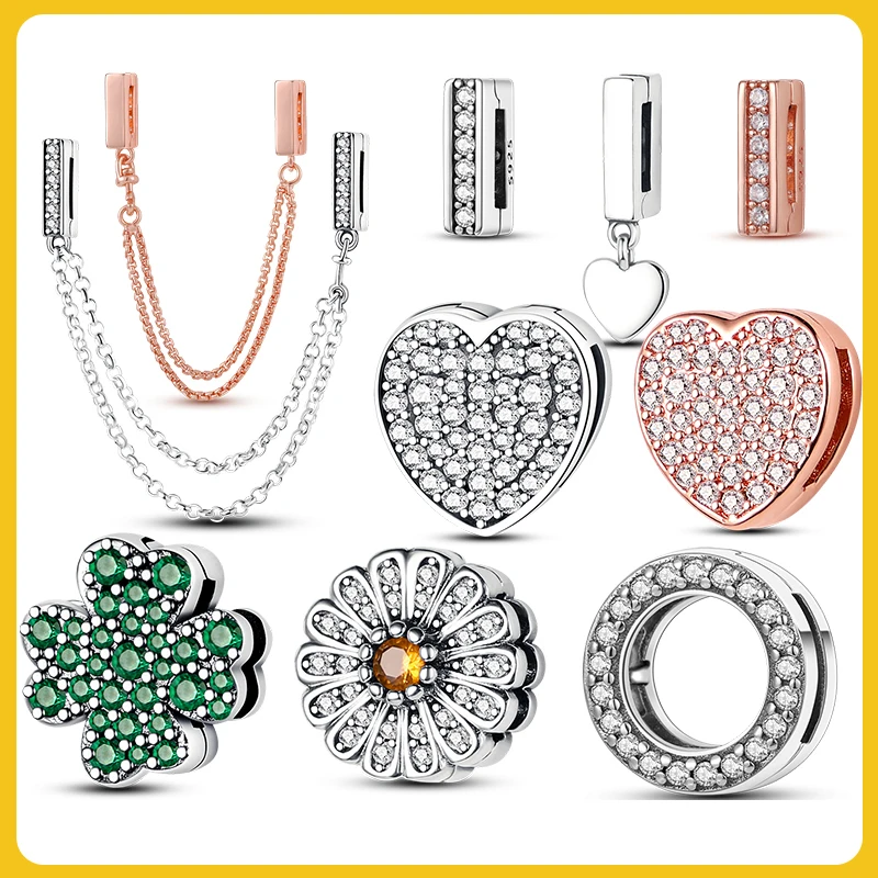 

Hot Sale Charms Sparkling Heart Safety Chain Clip Charm Beads fit Original Pandora Reflection Mesh Bracelet Women Jewelry