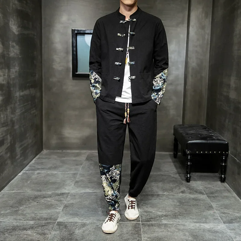 Костюм Тан в китайском стиле из хлопка и льна с ретро-принтом мужской костюм на