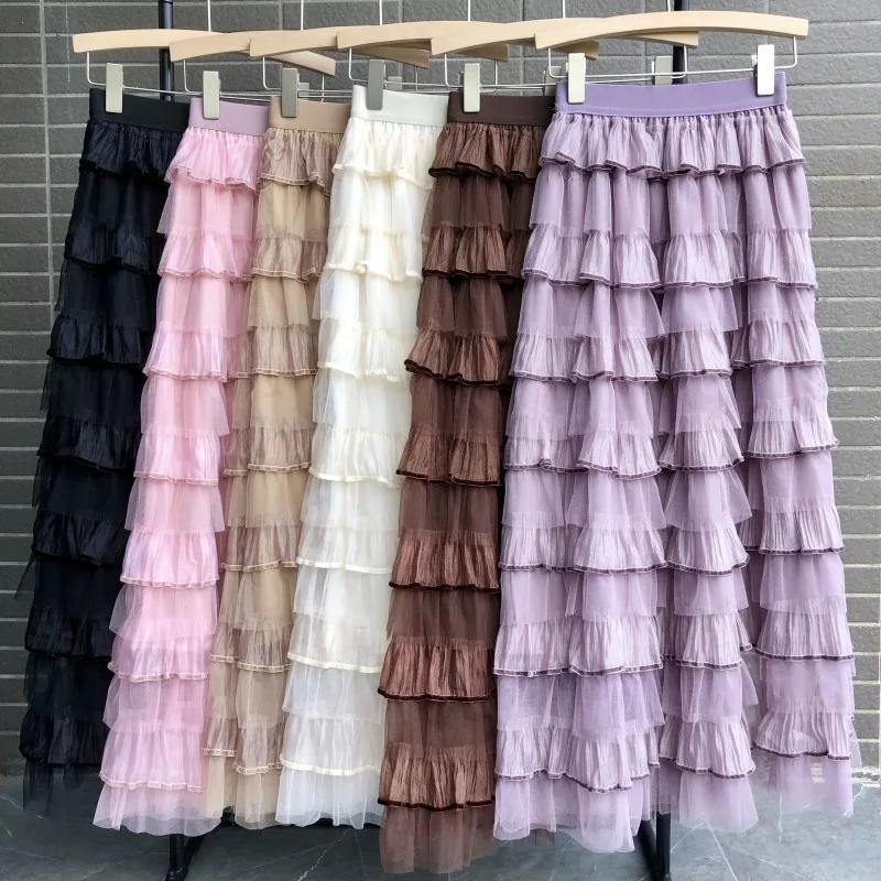 

Autumn Layers Ruffled Cake Long Skirt High Waist Solid Color Velvet Ear Mesh Skirts for Women Fashion A-Shaped Midi Skirts