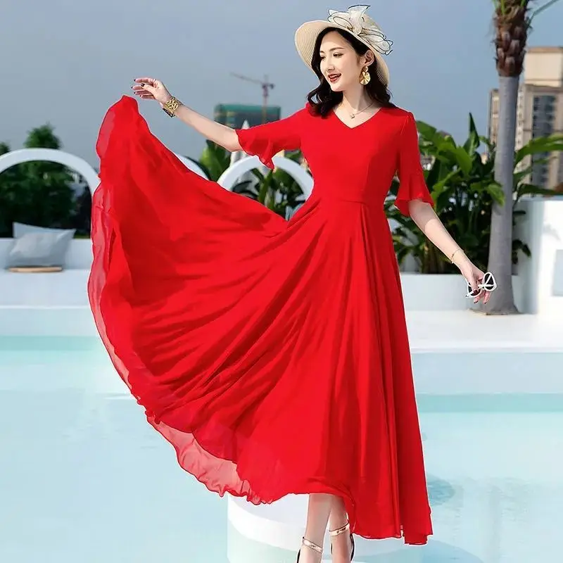 2023 Summer Beach Solid Color Dress Women Elegant V-Neck Chiffon Ankle Length A Line Bodycon Party Dress Short Sleeve M429
