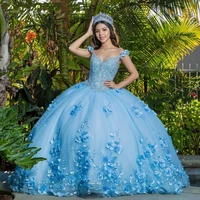 ball gown sky blue quinceanera dresses sweet 16 princess party off the shoulder appliques 3d flowers vestidos de 15 a%c3%b1os
