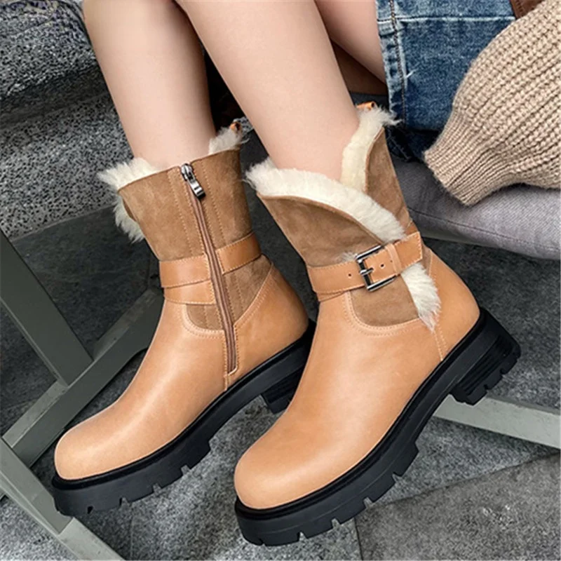 

2022 Winter Shoes Hot Sale Genuine Leather Boots Women Buckle Warm Fashion Casual Shoes Low Heels Snow Boots