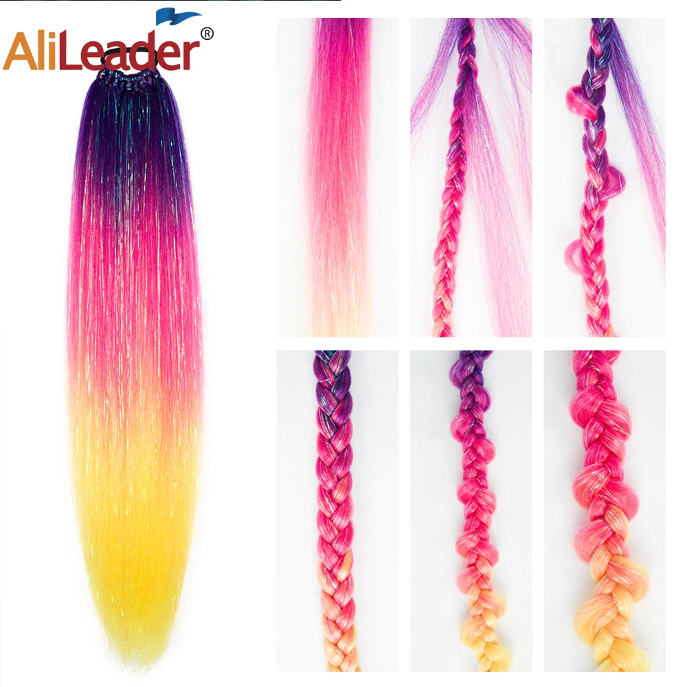 

Tinsel Ponytail Hairpiece 24Inch Braided Ponytail With Ring Pre Streched Synthetic Braiding Hair Glitter Ponytail For Women