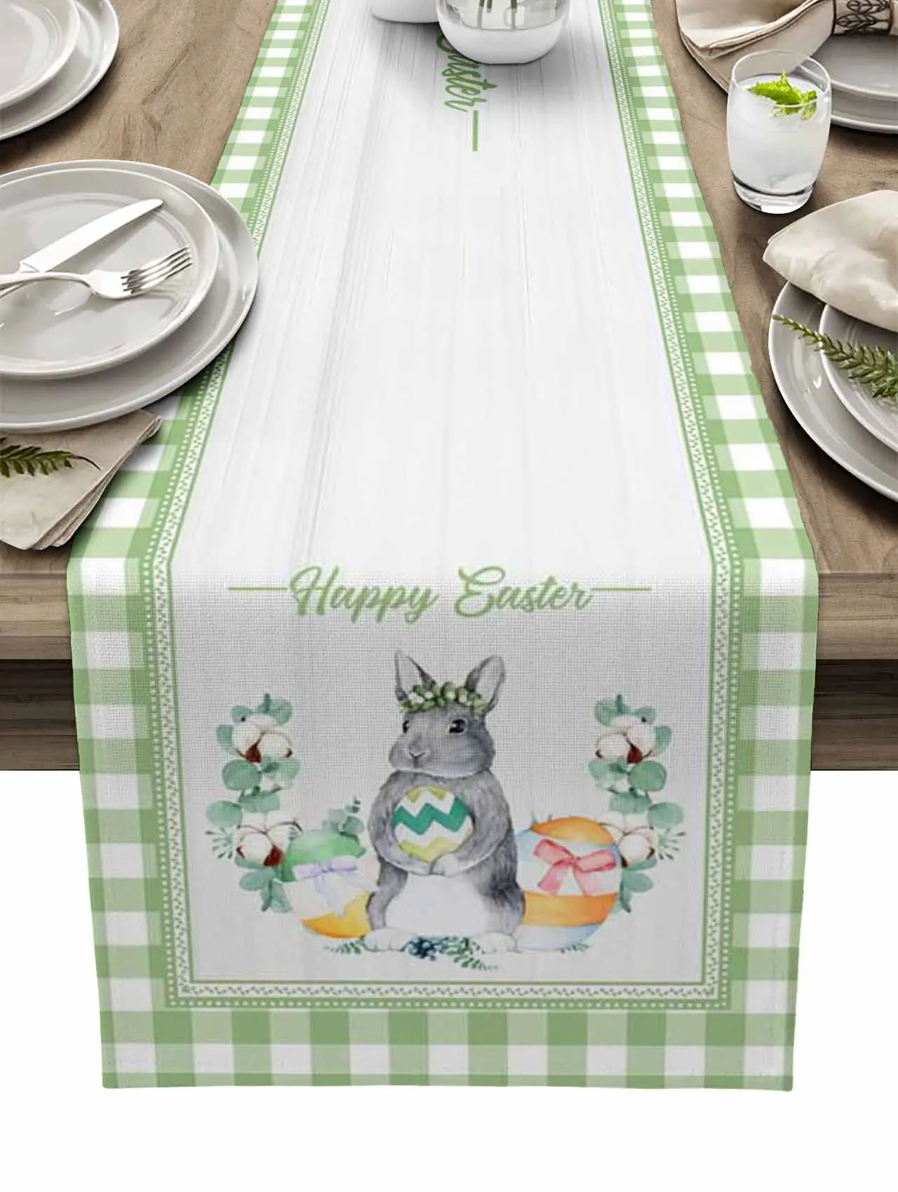 

Easter Bunny Colored Eggs Green Plaid Table Runner Wedding Party Table Decorations for Home Decor Gift Favor Placemat Tablecloth