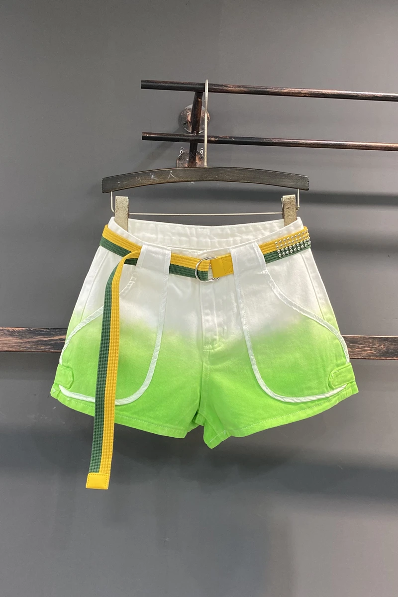 Denim Shorts Women's Ins 2023 Summer New Korean Style Personalized Gradient Color High Waist Loose Slimming Wide Leg Booty Pants