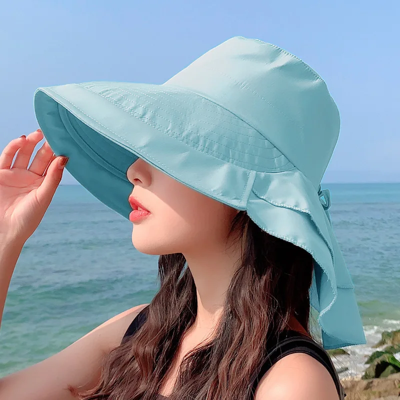 

New Women Wide Large Brim Shawl Bucket Hat Summer Outdoor Fishing Hiking UV Anti Neck Protection Sun Cap Ladies Hats Bonnet