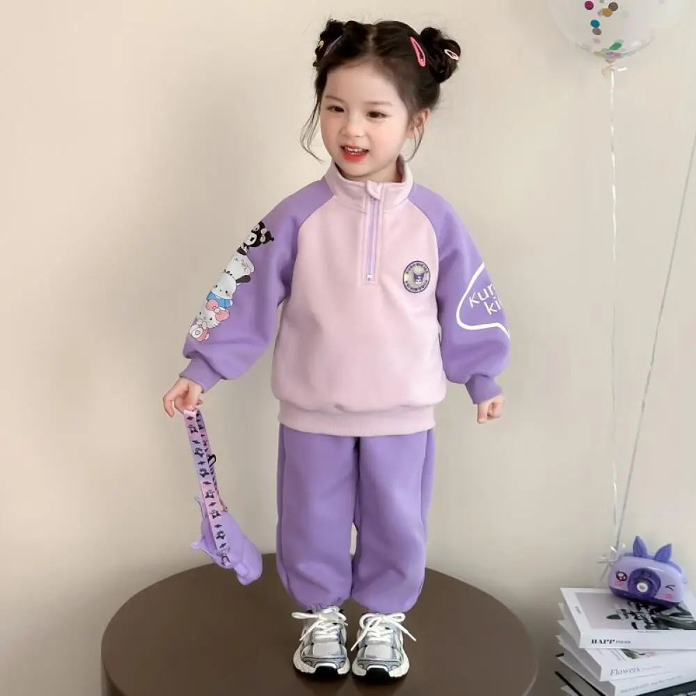 Фото Sanrio Kuromi повседневный костюм для девочек, весенне-осенний детский спортивный кардиган, топ и штаны, комплект из 2 предметов, милый свитшот на выход №4